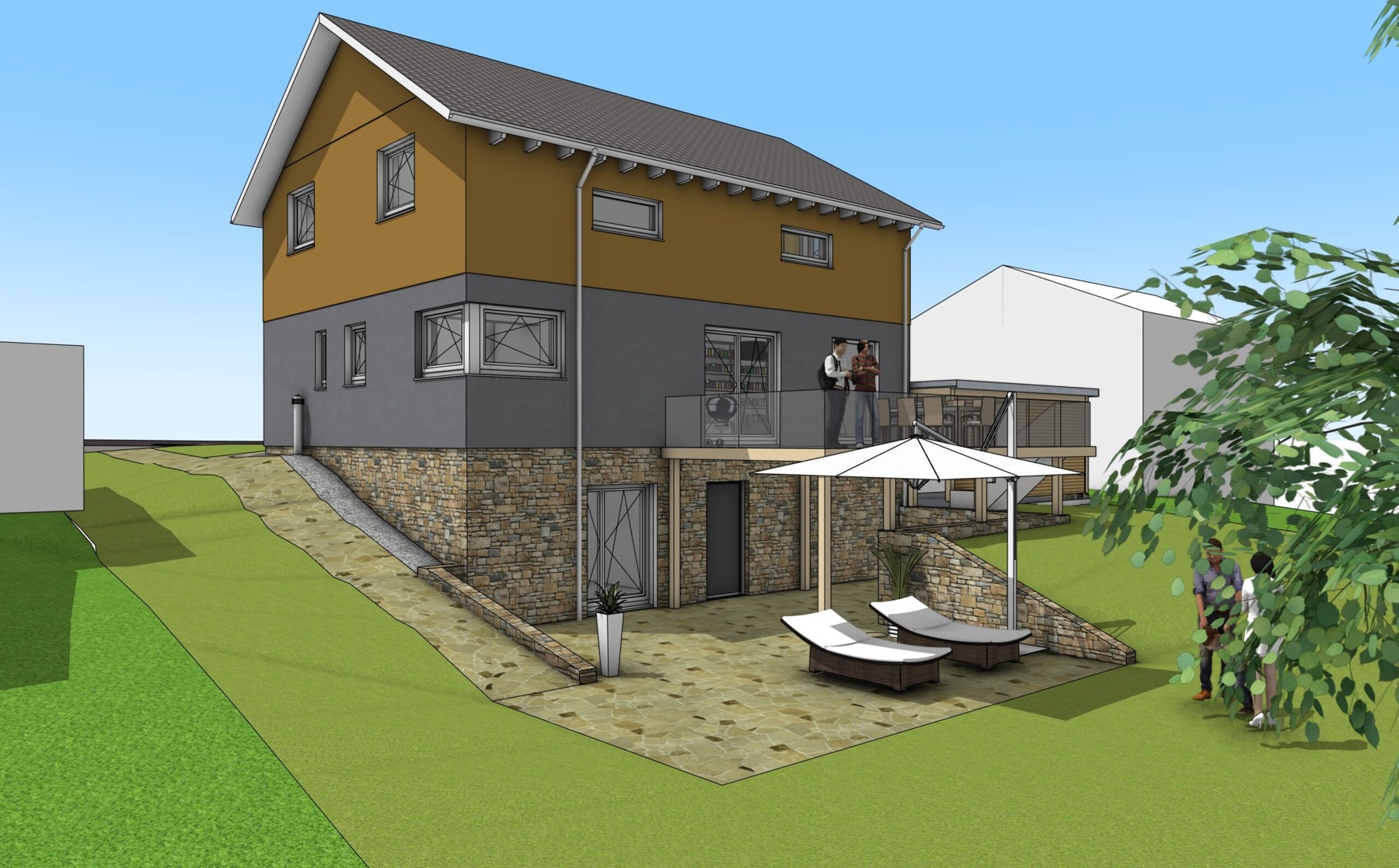Haus am Hang mit Natursteinsockel
